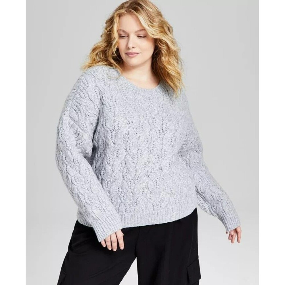 And Now This Women's Trendy Plus Size Cable-Knit Crewneck Sweater Size 0X, Grey - Picture 2 of 6